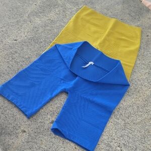 Nikibiki Blue/yellowush Ribbed Stretchy Fabric Workout/Yoga Shorts